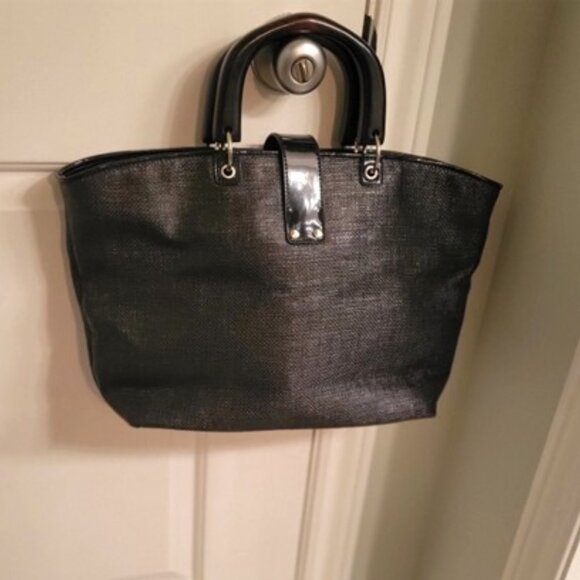 Ann Taylor Black Woven Tote with Wooden Handles - Picture 2 of 10